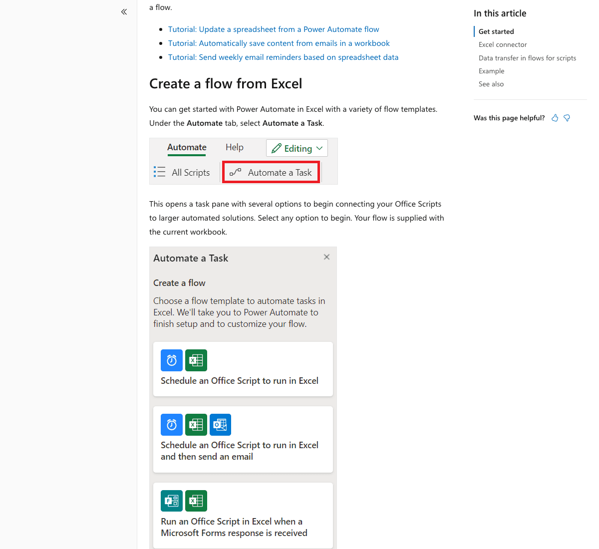Microsoft 官方文档中的 Office Scripts 与 Power Automate 任务面板