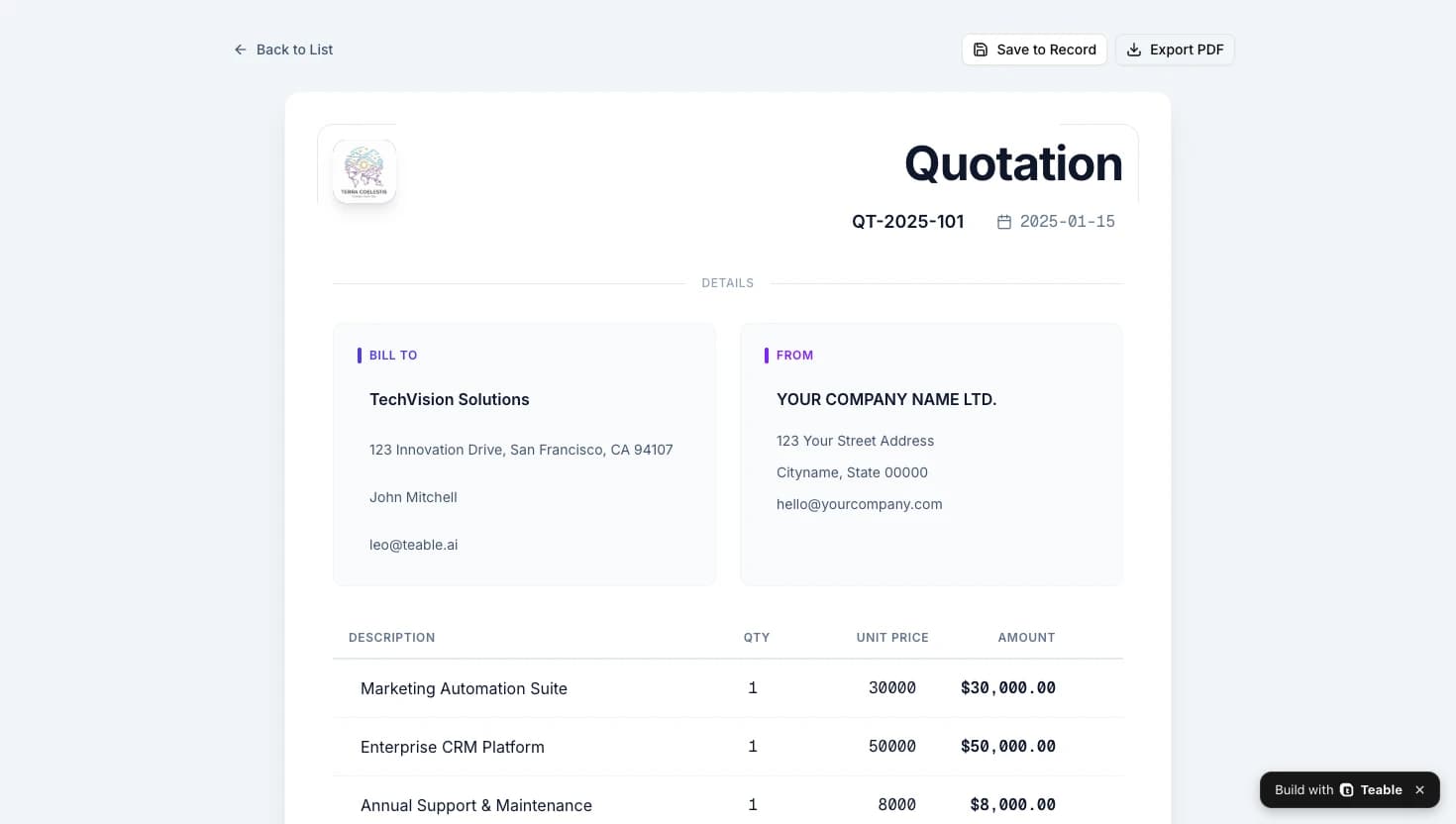 由客户 CRM 模板发布的报价 Web 应用