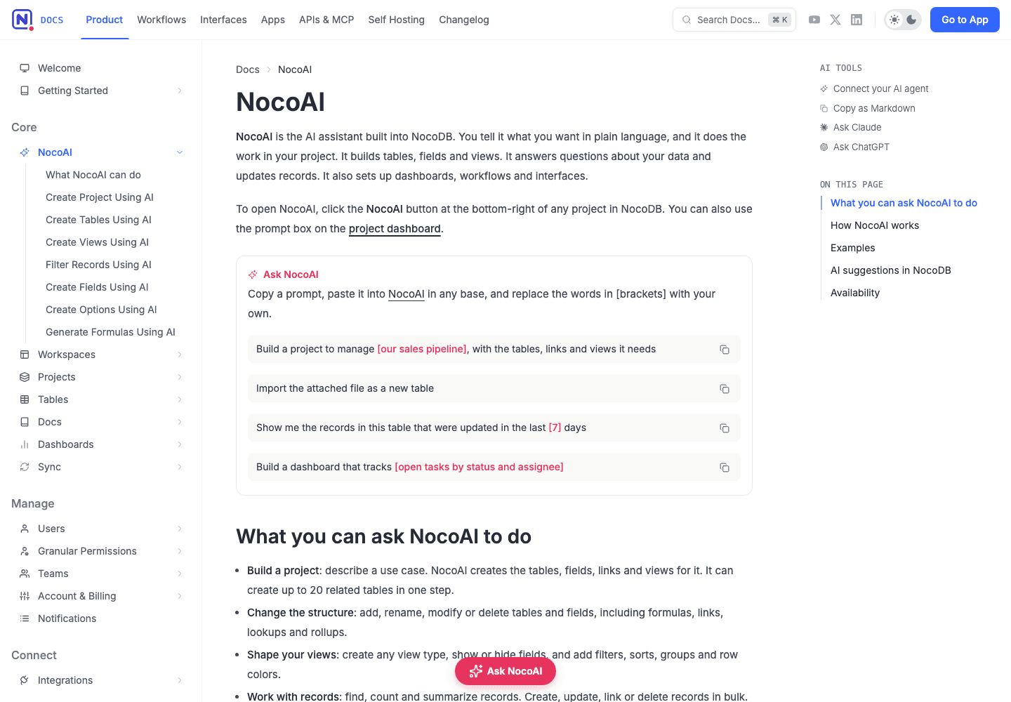 NocoAI 官方文档列出的 AI 操作范围