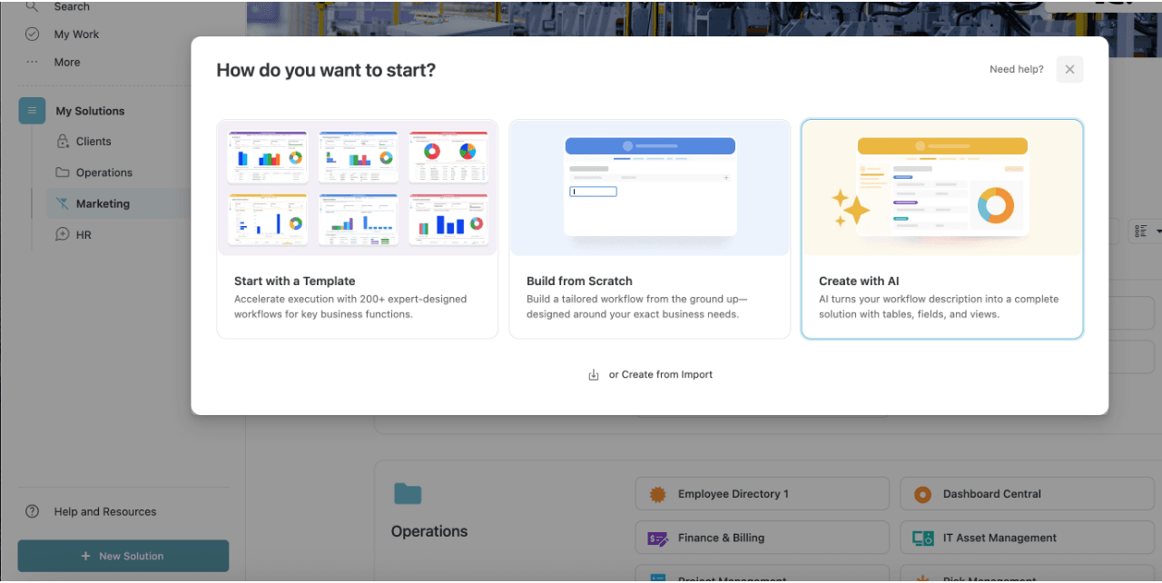 SmartSuite 官方文档中的 Create with AI 入口