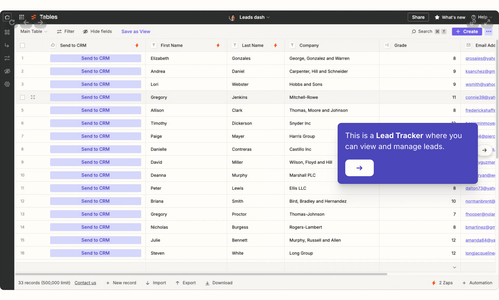 Zapier 官网公开演示中的线索数据表